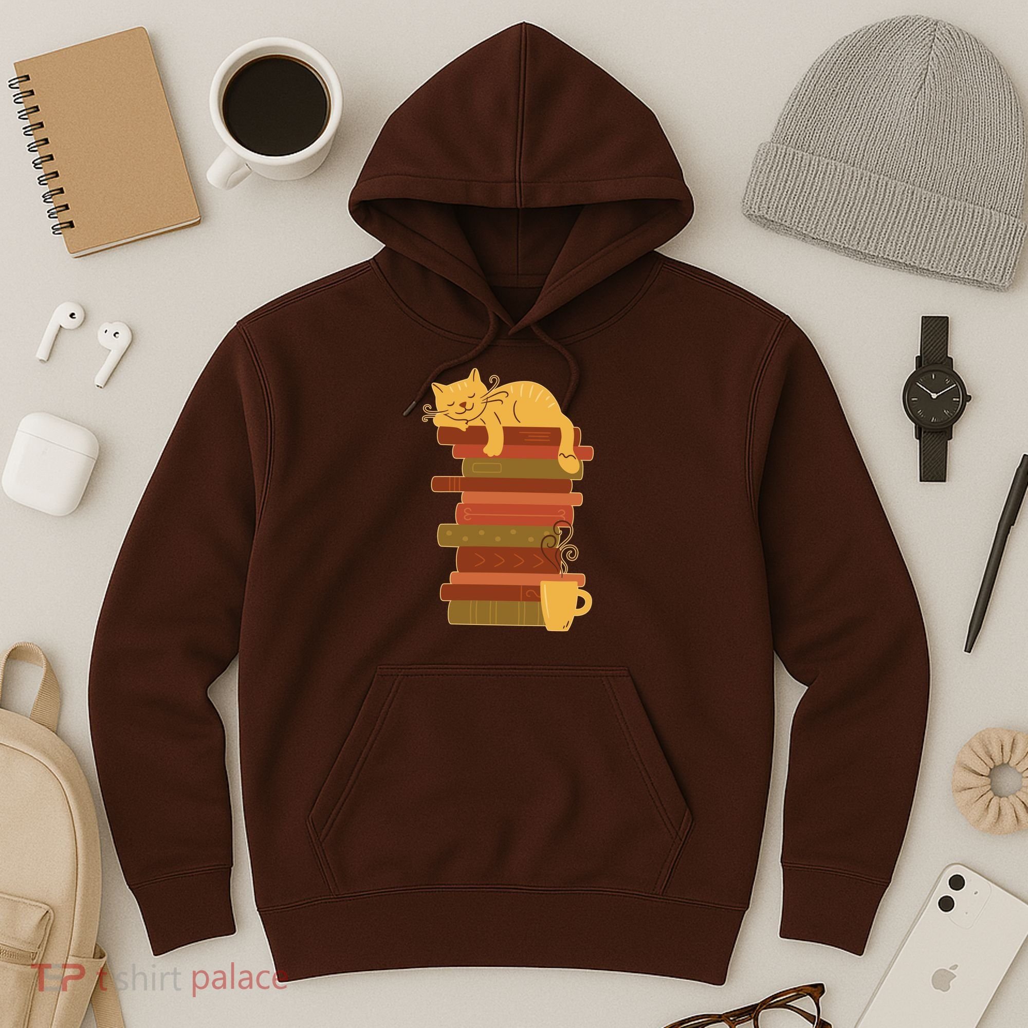 Cute Sleepy Cat On Book Stack And Coffee Tea Hoodie
