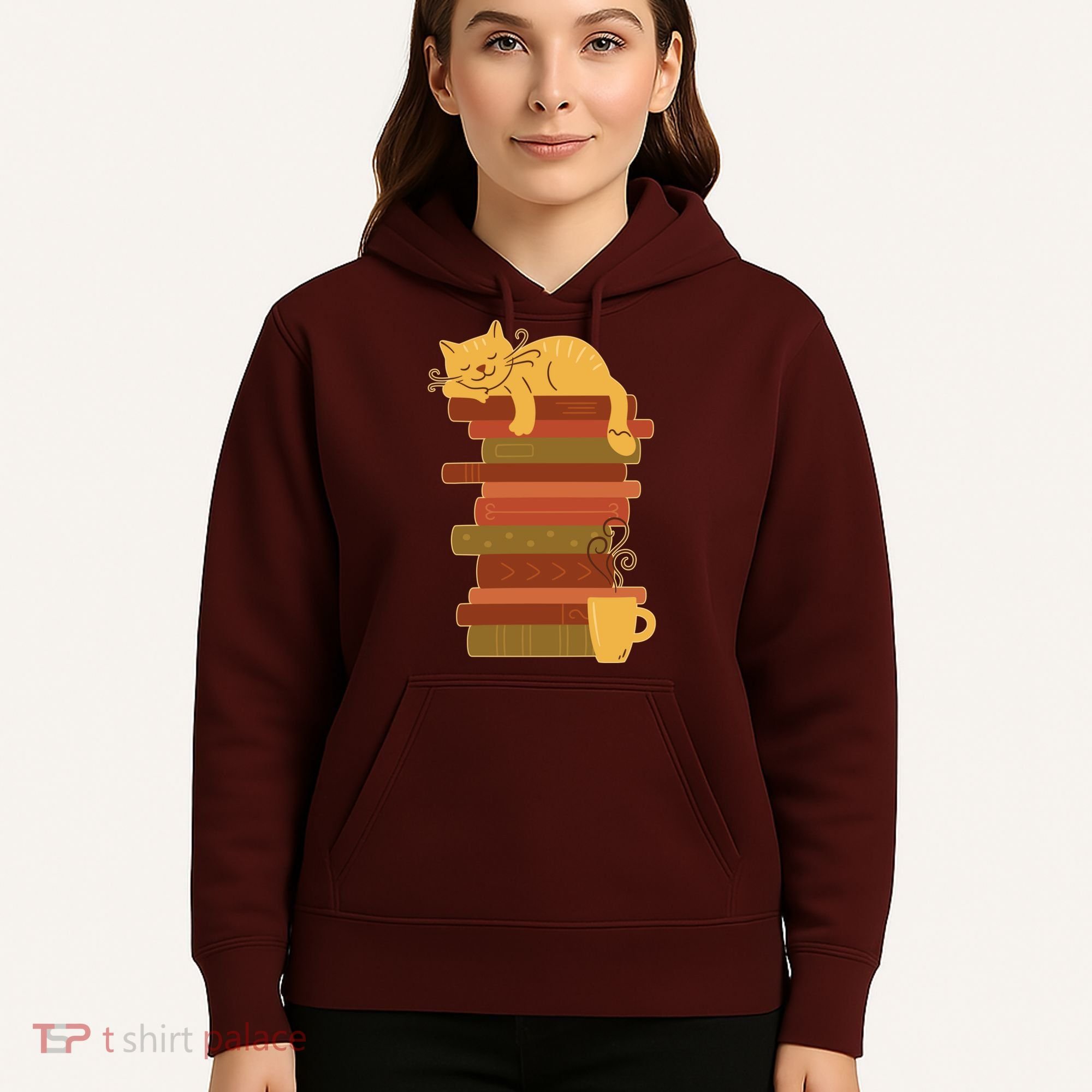 Cute Sleepy Cat On Book Stack And Coffee Tea Hoodie