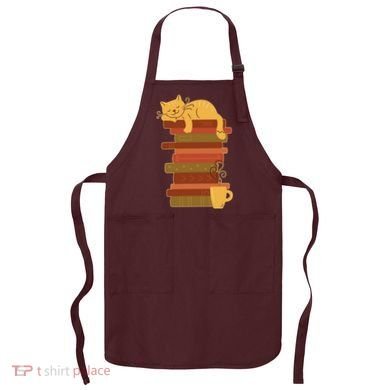 Cute Sleepy Cat On Book Stack And Coffee Tea Apron