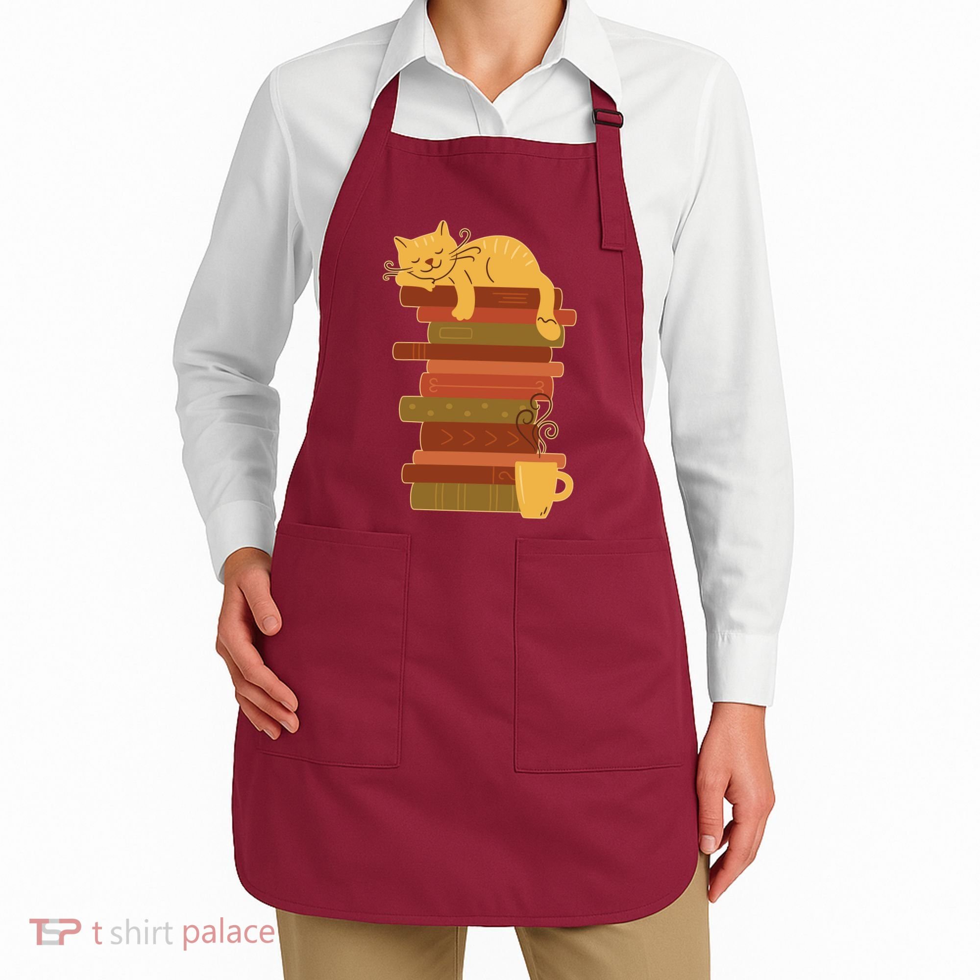 Cute Sleepy Cat On Book Stack And Coffee Tea Apron