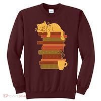 Cute Sleepy Cat On Book Stack And Coffee Tea Sweatshirt thumb 0