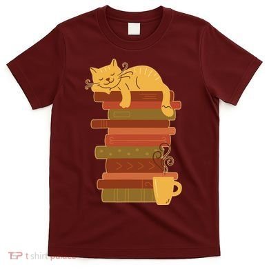 Cute Sleepy Cat On Book Stack And Coffee Tea T-Shirt