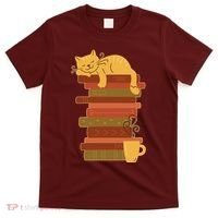 Cute Sleepy Cat On Book Stack And Coffee Tea T-Shirt thumb 0