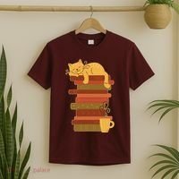 Cute Sleepy Cat On Book Stack And Coffee Tea T-Shirt thumb 2