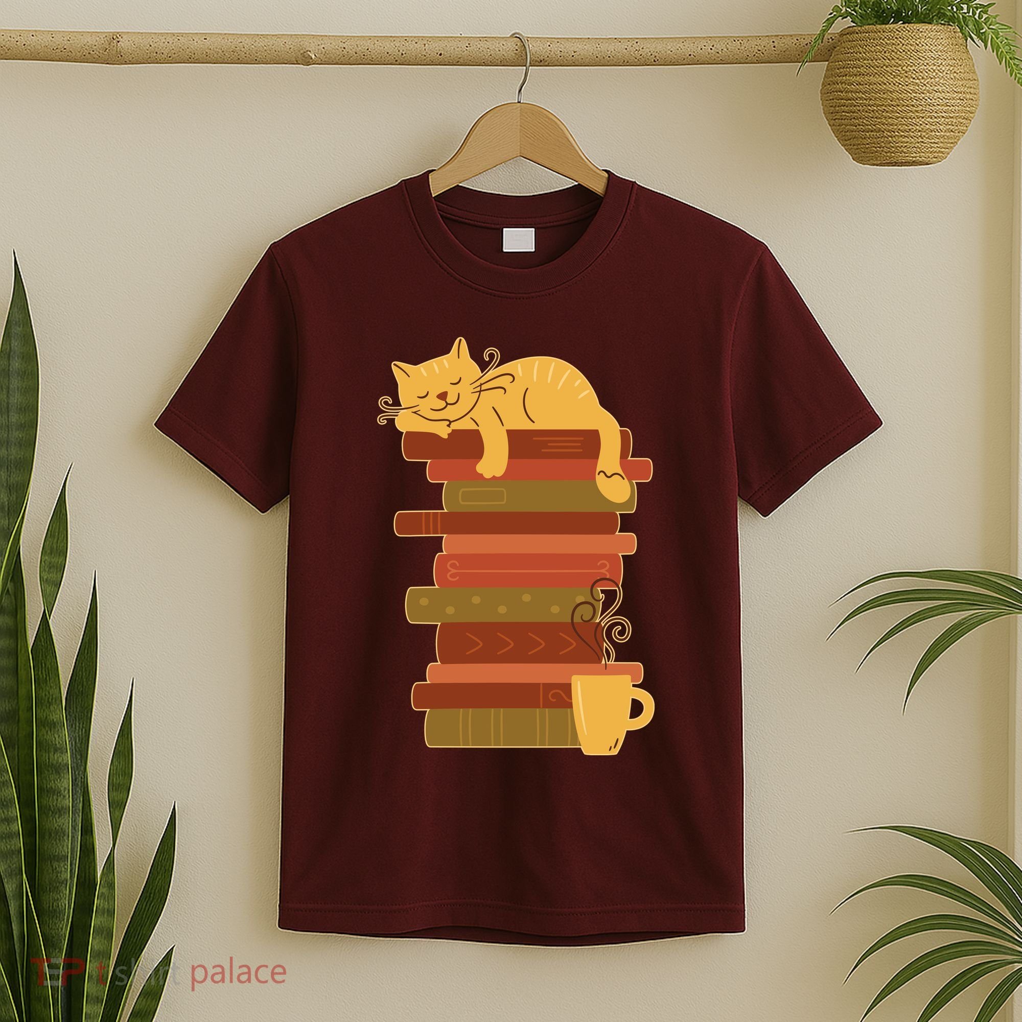 Cute Sleepy Cat On Book Stack And Coffee Tea T-Shirt