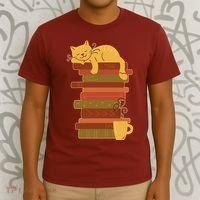 Cute Sleepy Cat On Book Stack And Coffee Tea T-Shirt thumb 3