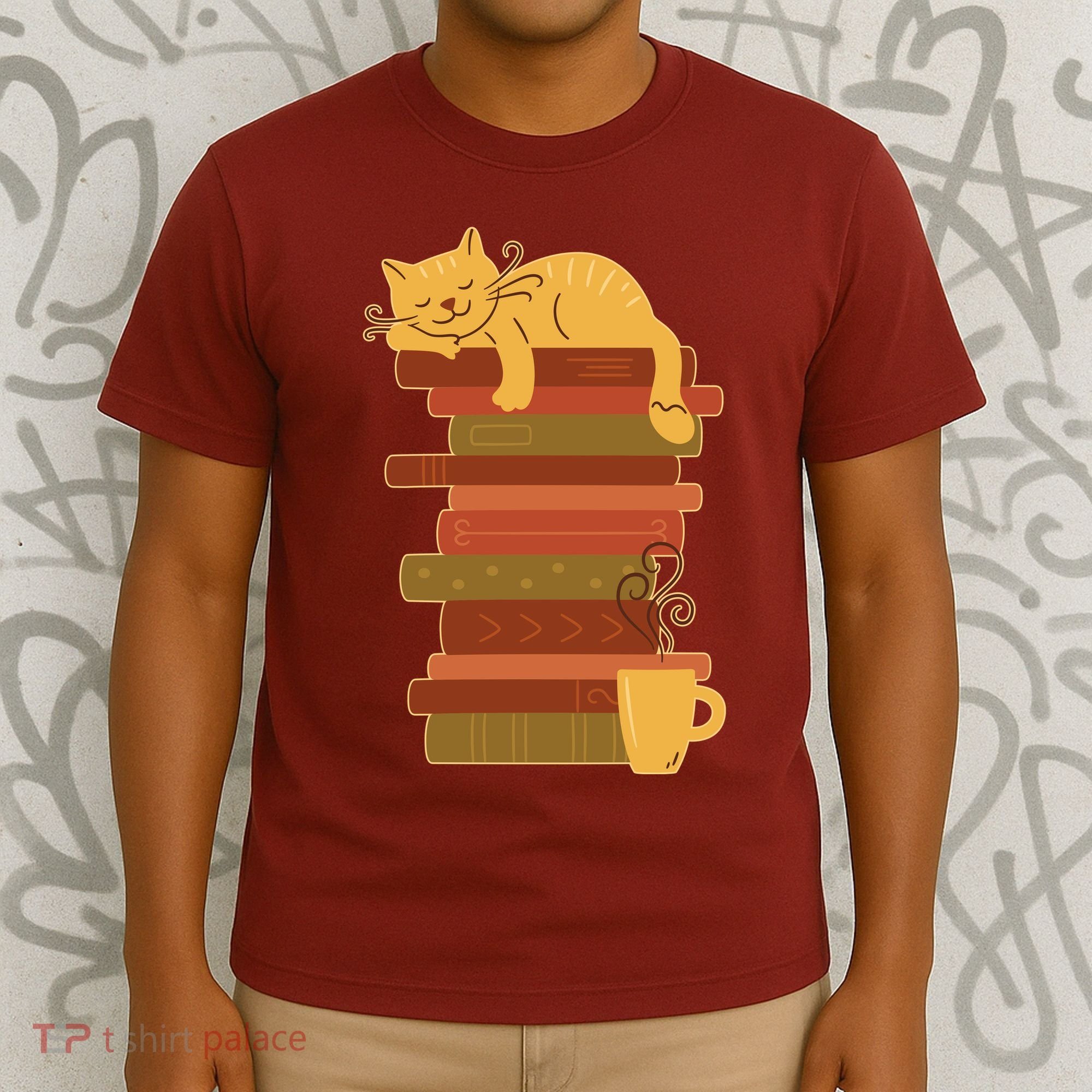 Cute Sleepy Cat On Book Stack And Coffee Tea T-Shirt