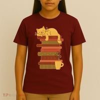 Cute Sleepy Cat On Book Stack And Coffee Tea T-Shirt thumb 4