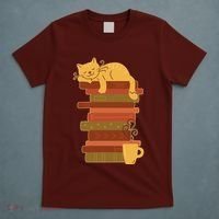 Cute Sleepy Cat On Book Stack And Coffee Tea T-Shirt thumb 5