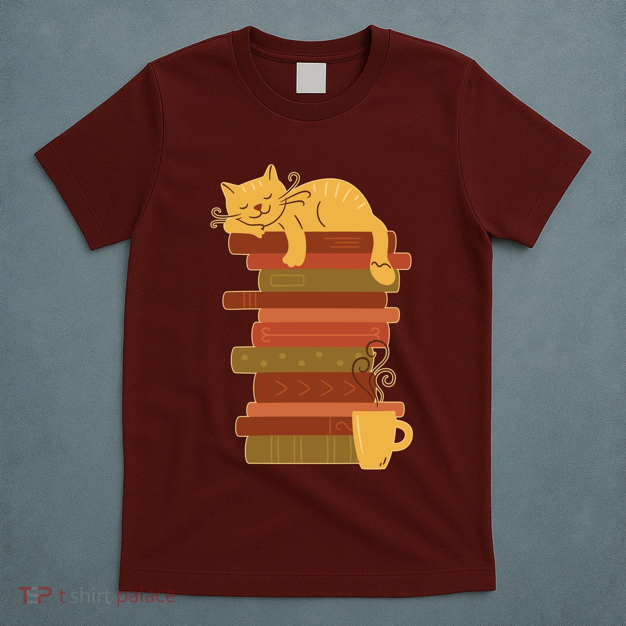 Cute Sleepy Cat On Book Stack And Coffee Tea T-Shirt