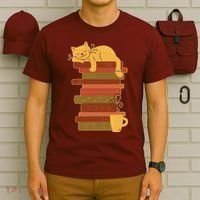 Cute Sleepy Cat On Book Stack And Coffee Tea T-Shirt thumb 6
