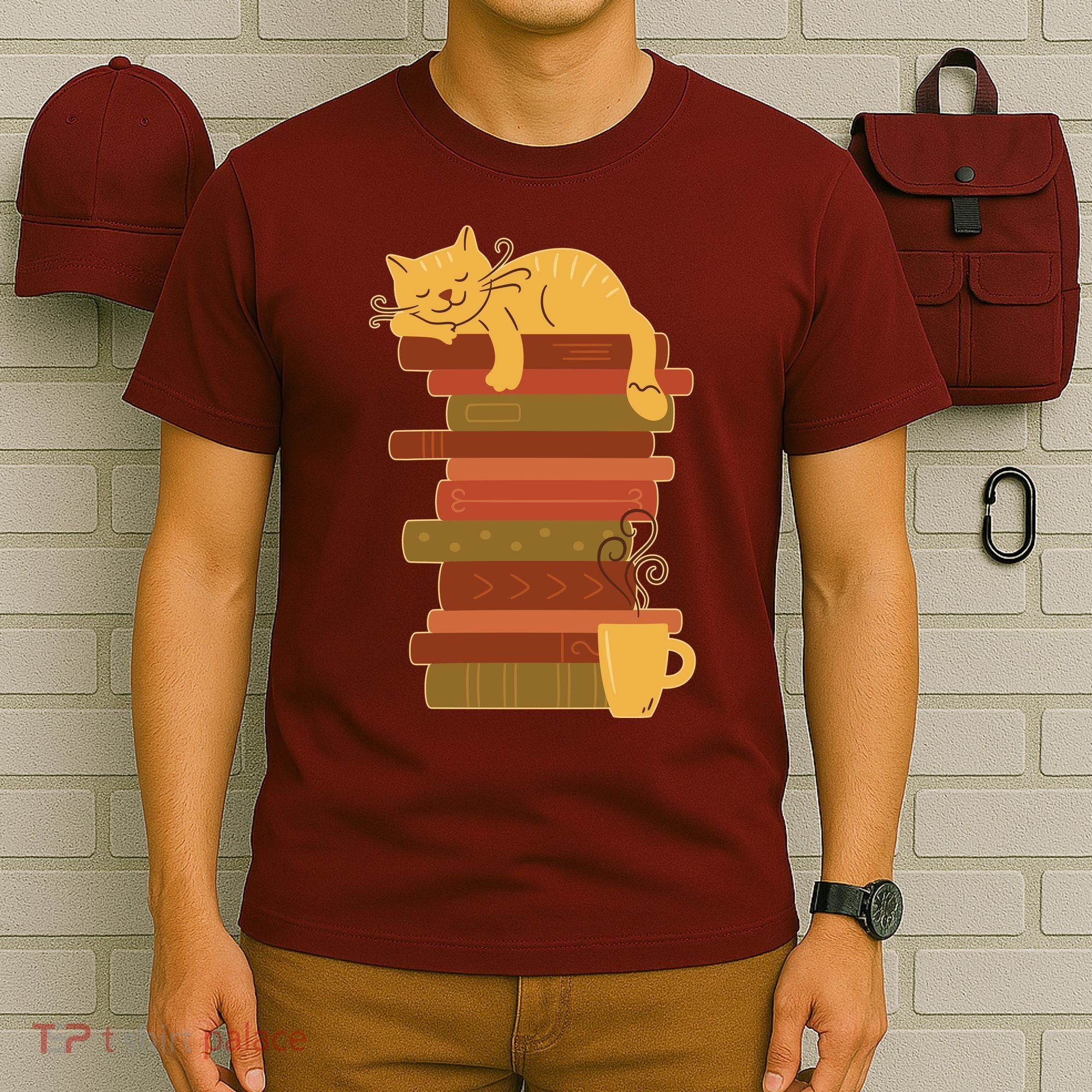 Cute Sleepy Cat On Book Stack And Coffee Tea T-Shirt