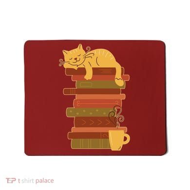 Cute Sleepy Cat On Book Stack And Coffee Tea Mousepad