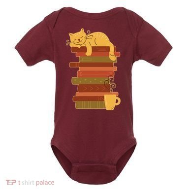 Cute Sleepy Cat On Book Stack And Coffee Tea Baby Bodysuit