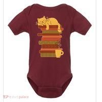 Cute Sleepy Cat On Book Stack And Coffee Tea Baby Bodysuit thumb 0