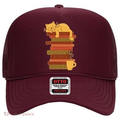 Cute Sleepy Cat On Book Stack And Coffee Tea Hat