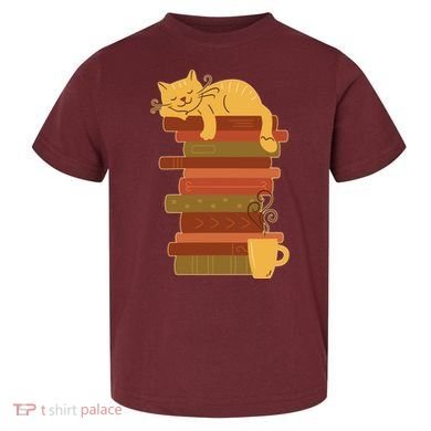 Cute Sleepy Cat On Book Stack And Coffee Tea Toddler T-Shirt
