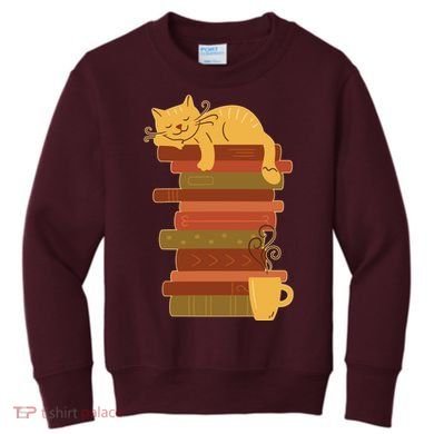 Cute Sleepy Cat On Book Stack And Coffee Tea Kids Sweatshirt