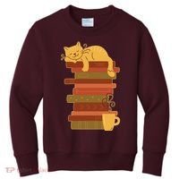 Cute Sleepy Cat On Book Stack And Coffee Tea Kids Sweatshirt thumb 0