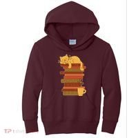 Cute Sleepy Cat On Book Stack And Coffee Tea Kids Hoodie thumb 0
