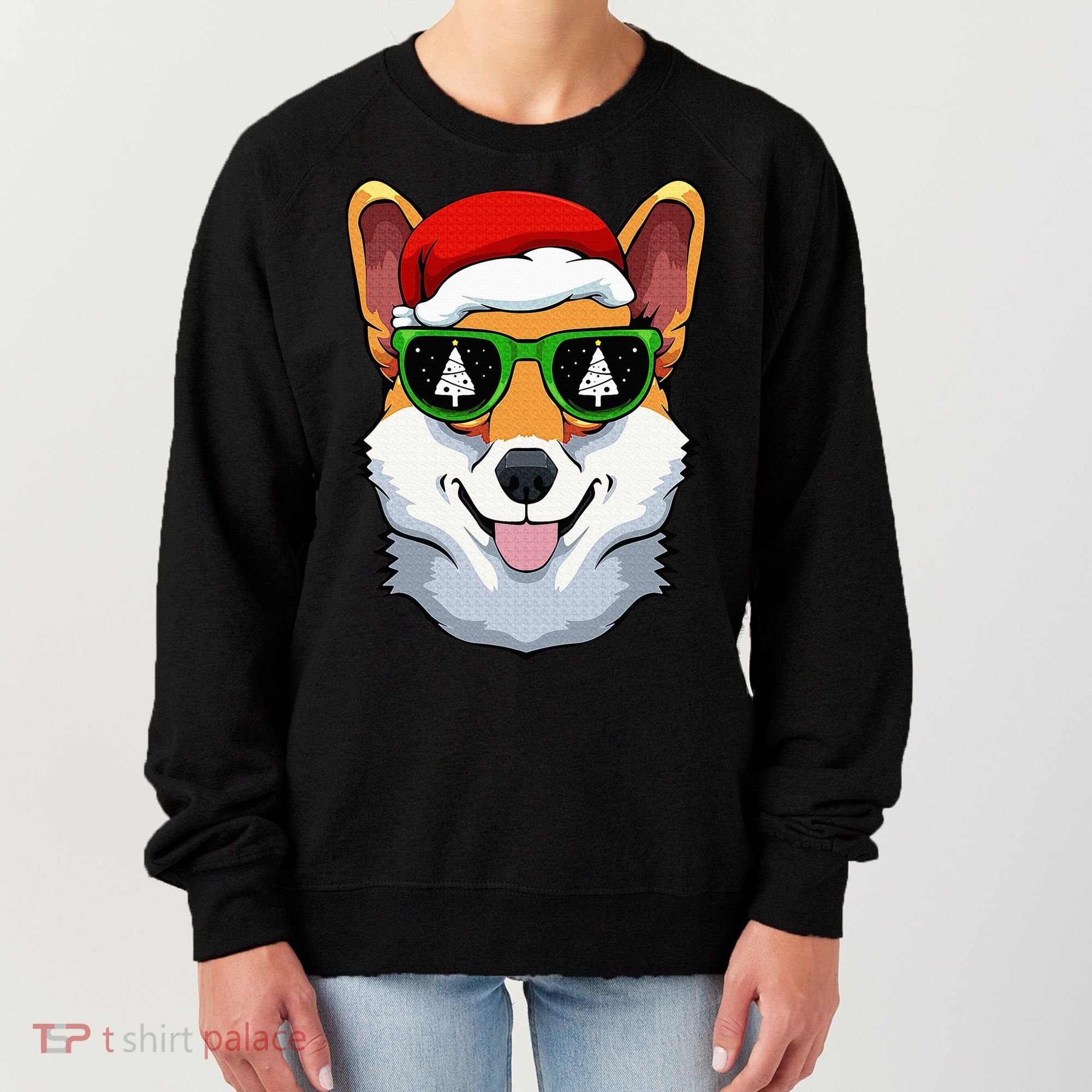 Corgi Sunglasses Christmas Pajama Dog Santa Hat XMas Tree Women's Sweatshirt