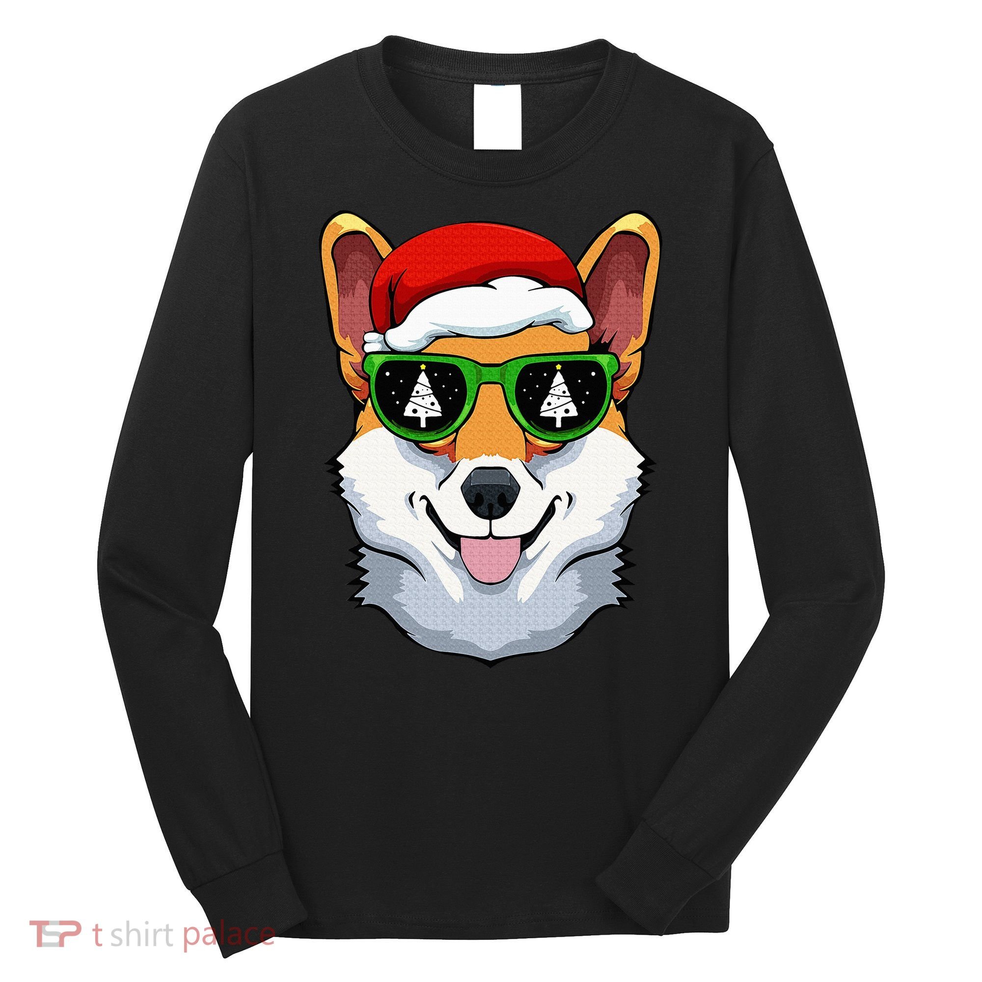 Corgi Sunglasses Christmas Pajama Dog Santa Hat XMas Tree Long Sleeve Shirt