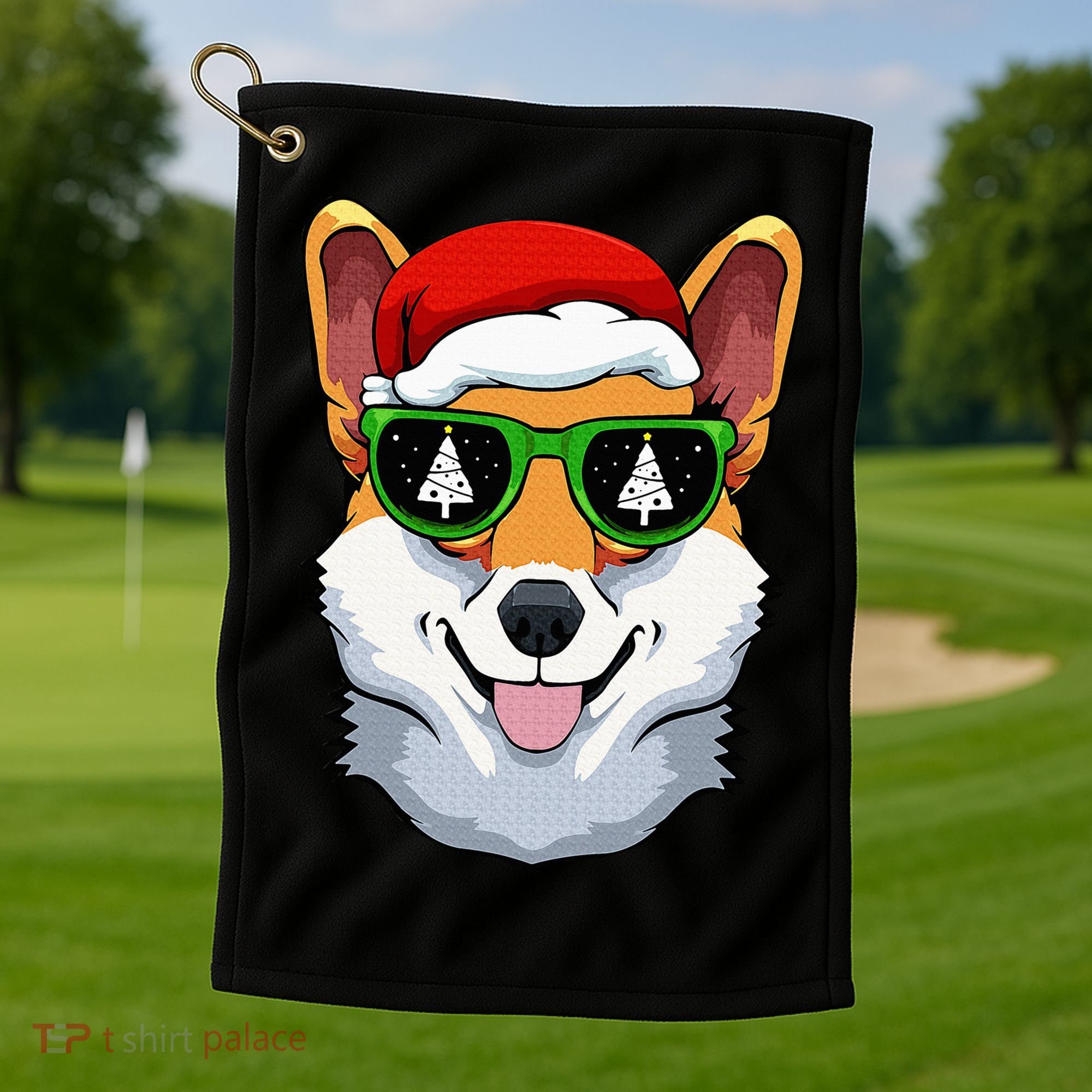 Corgi Sunglasses Christmas Pajama Dog Santa Hat XMas Tree Golf Towel
