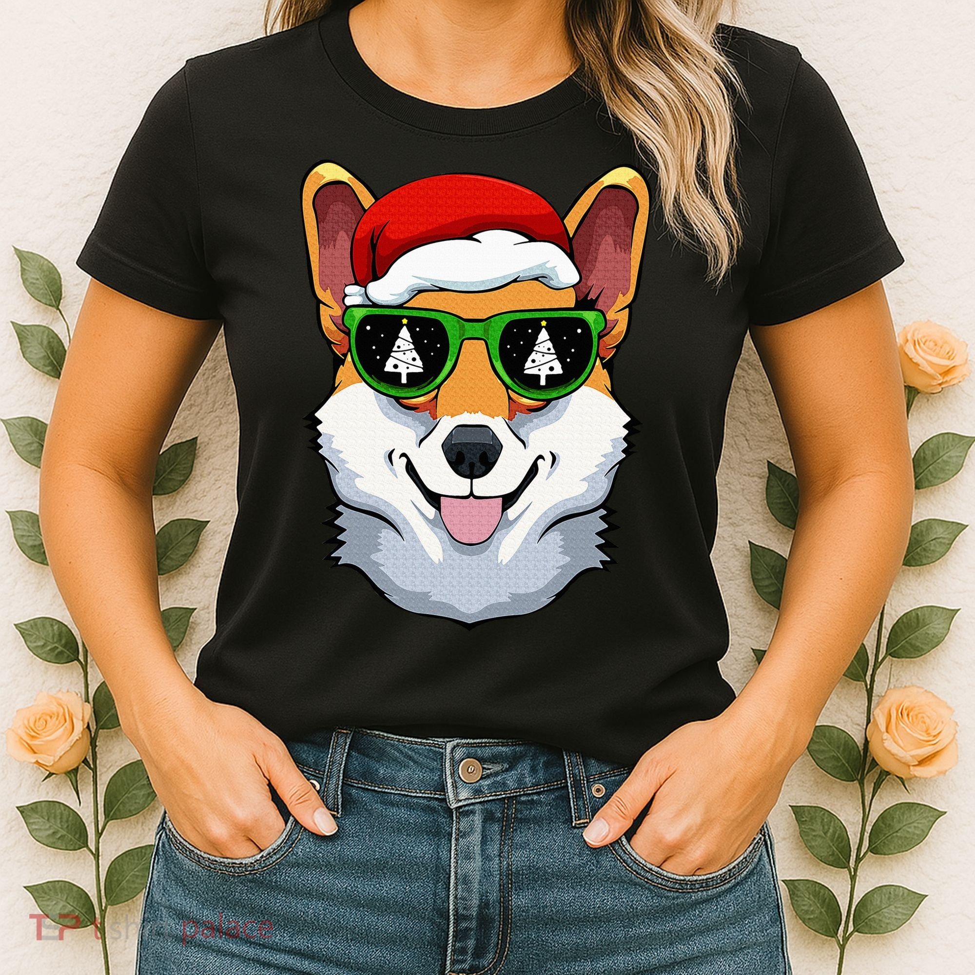 Corgi Sunglasses Christmas Pajama Dog Santa Hat XMas Tree Women's T-Shirt