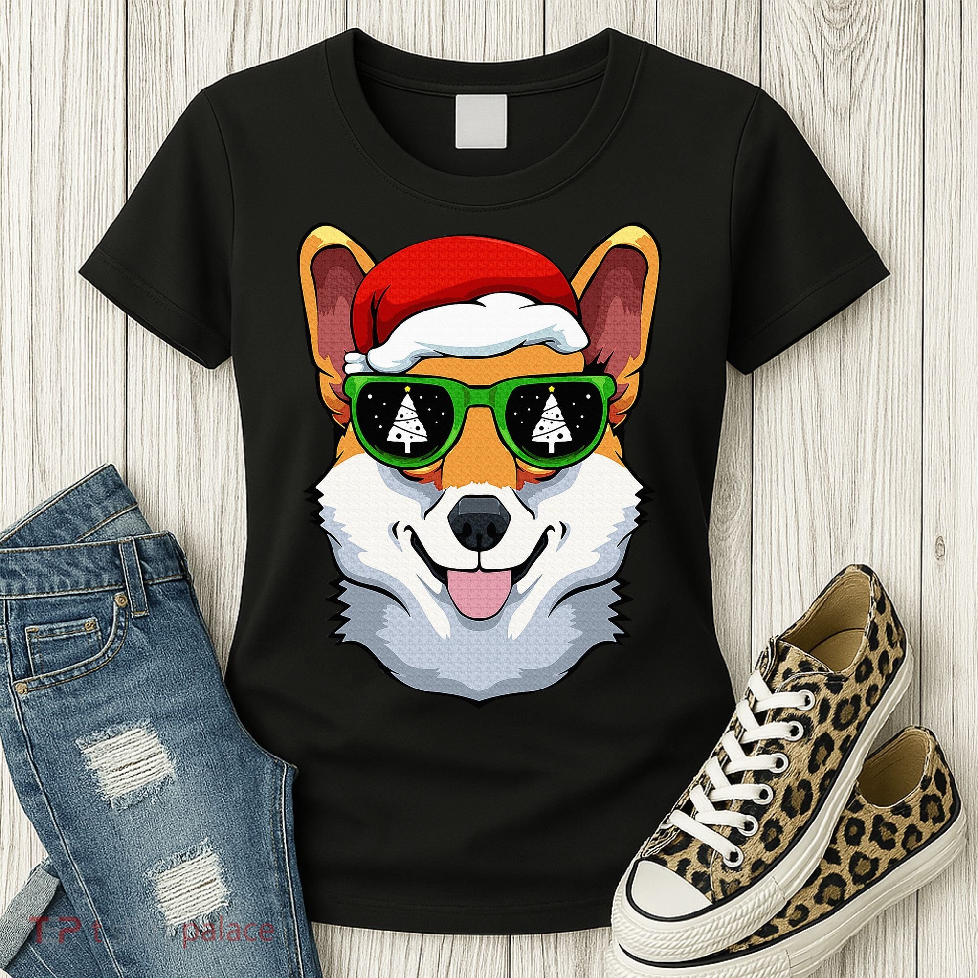 Corgi Sunglasses Christmas Pajama Dog Santa Hat XMas Tree Women's T-Shirt