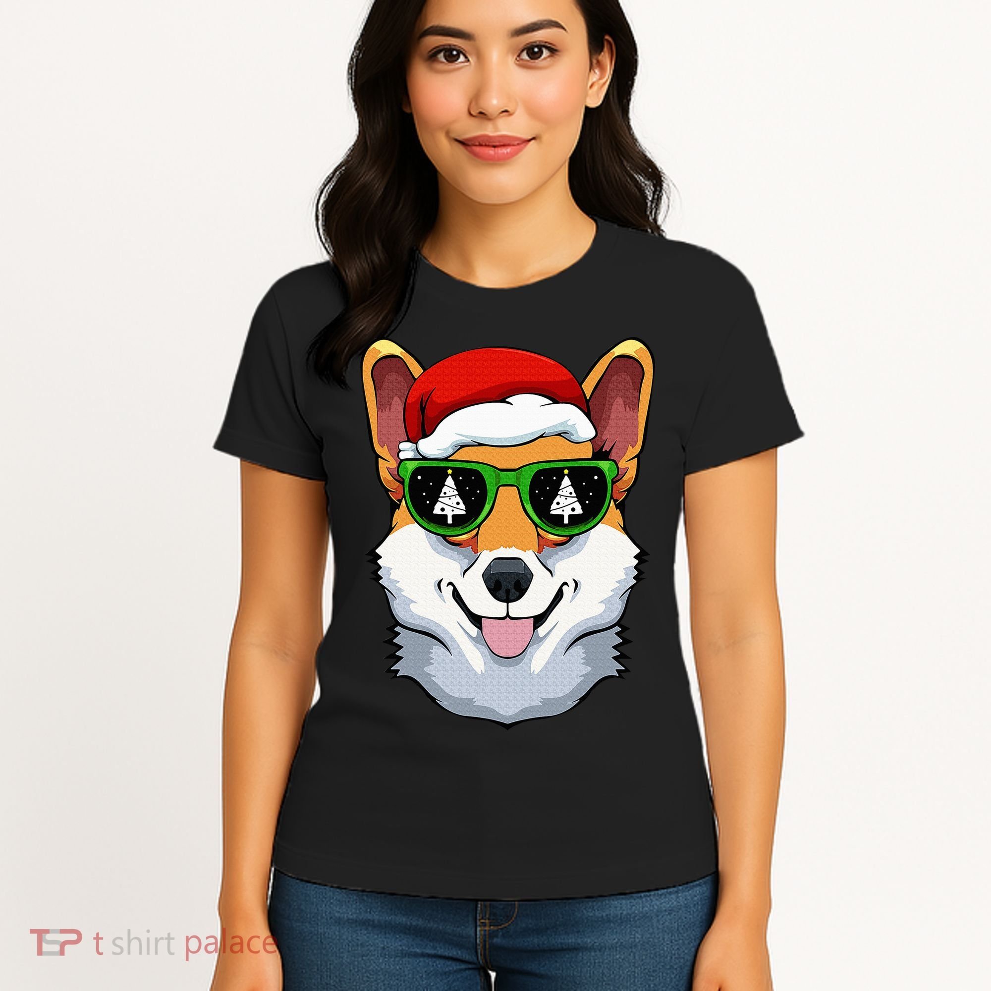 Corgi Sunglasses Christmas Pajama Dog Santa Hat XMas Tree Women's T-Shirt