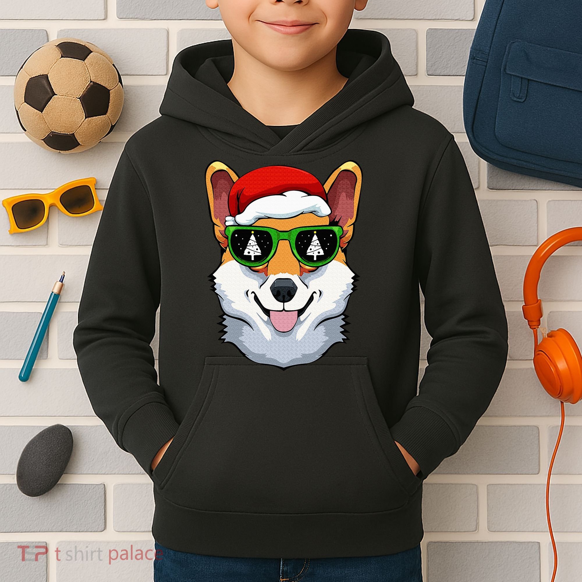 Corgi Sunglasses Christmas Pajama Dog Santa Hat XMas Tree Kids Hoodie