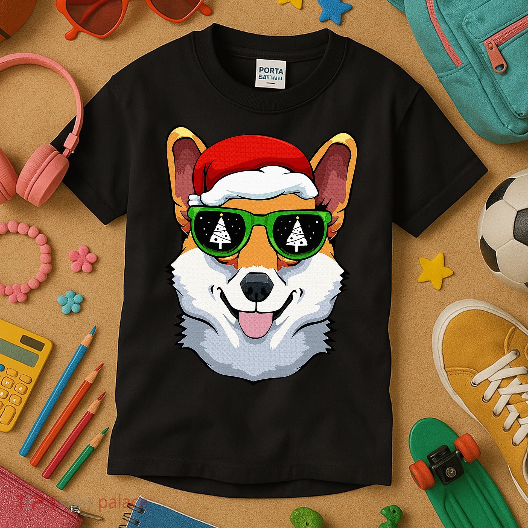 Corgi Sunglasses Christmas Pajama Dog Santa Hat XMas Tree Kids T-Shirt
