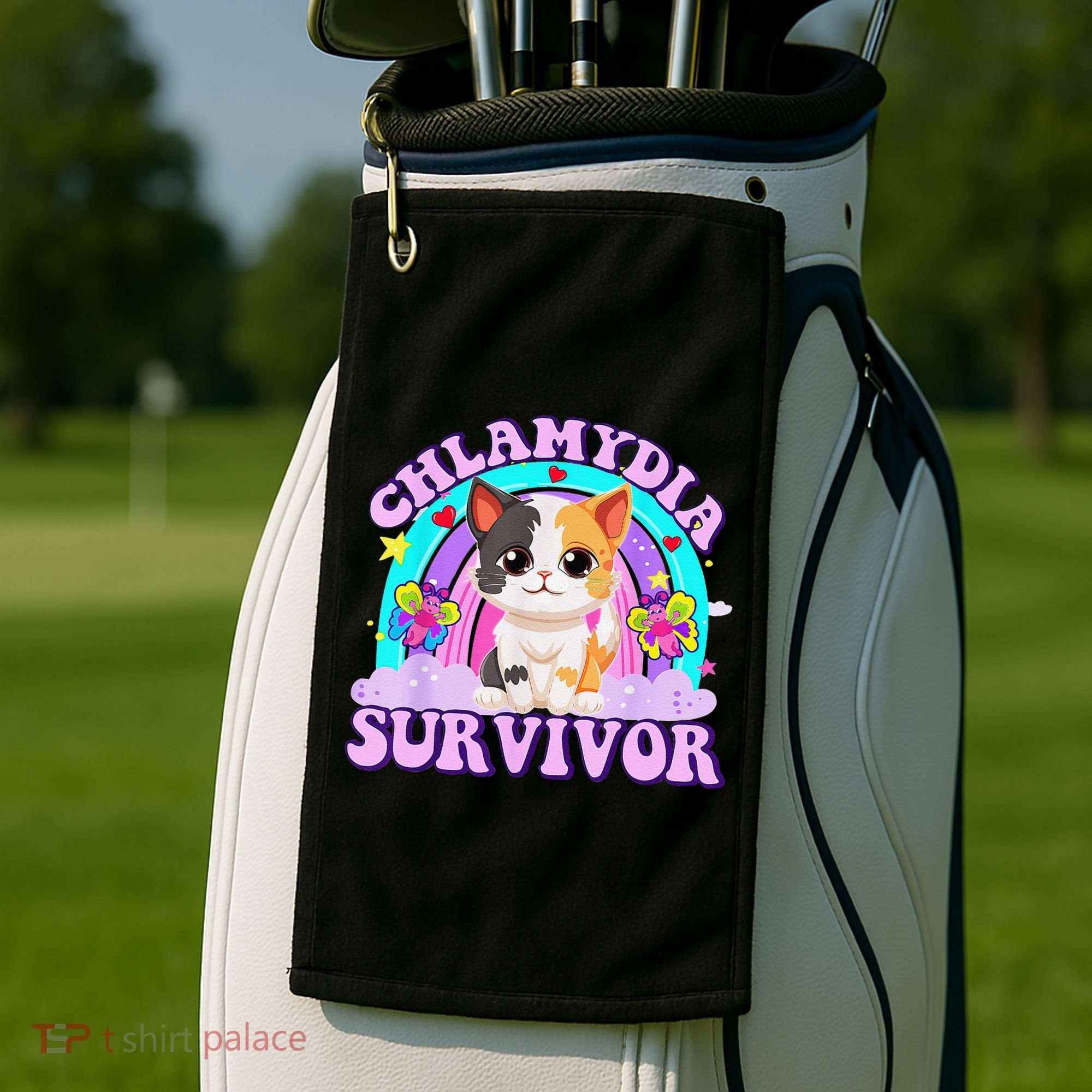 Chlamydia Survivor Cat Rainbow Gift Golf Towel