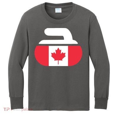 Curling Stone Canada Curler Canadian Flag Curling Kids Long Sleeve Shirt