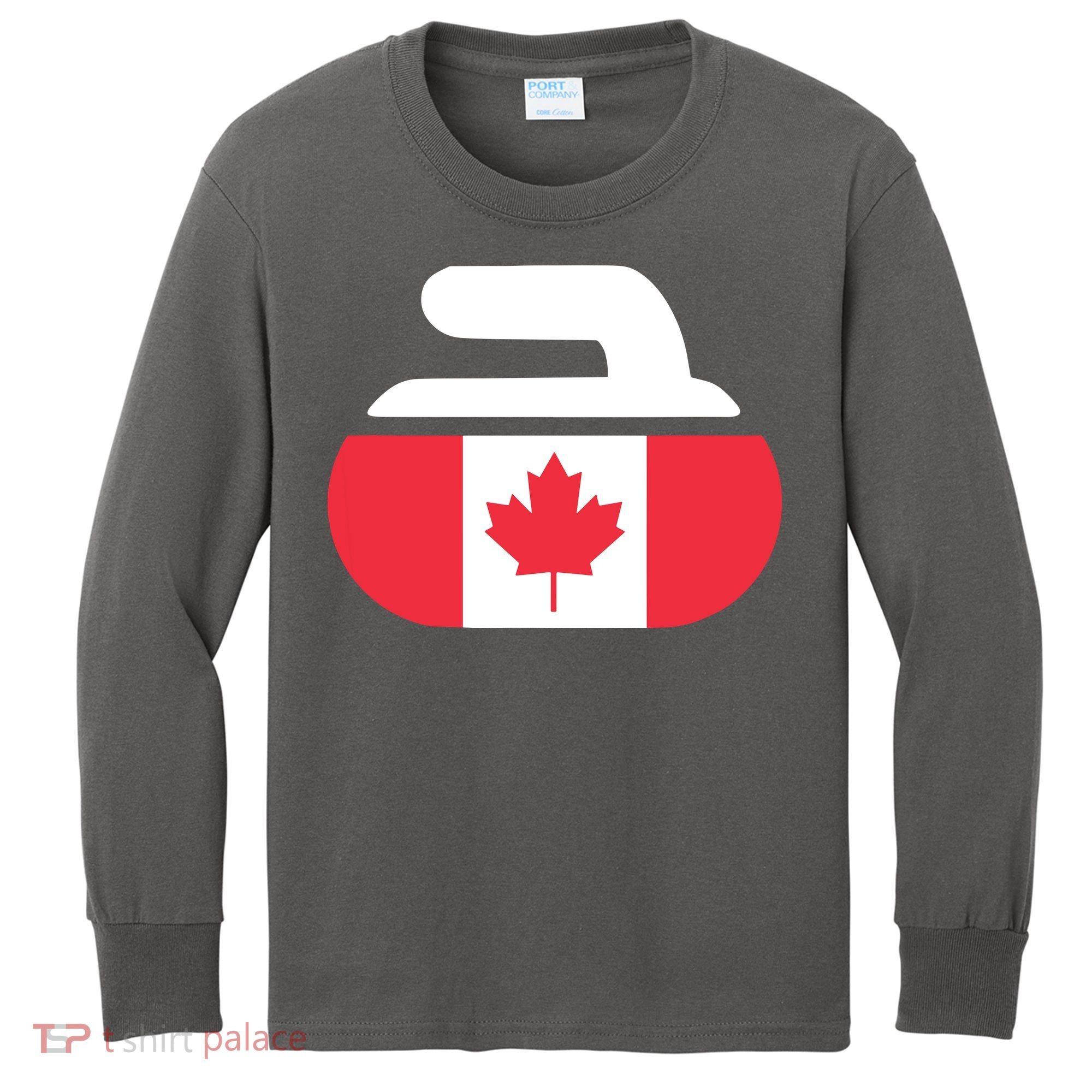 Curling Stone Canada Curler Canadian Flag Curling Kids Long Sleeve Shirt
