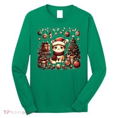 Cute Santa Cat With Christmas Stuff Long Sleeve Shirt