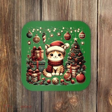 Cute Santa Cat With Christmas Stuff Coaster