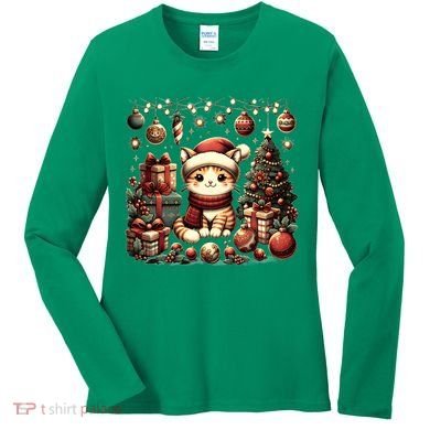 Cute Santa Cat With Christmas Stuff Women's Long Sleeve Shirt