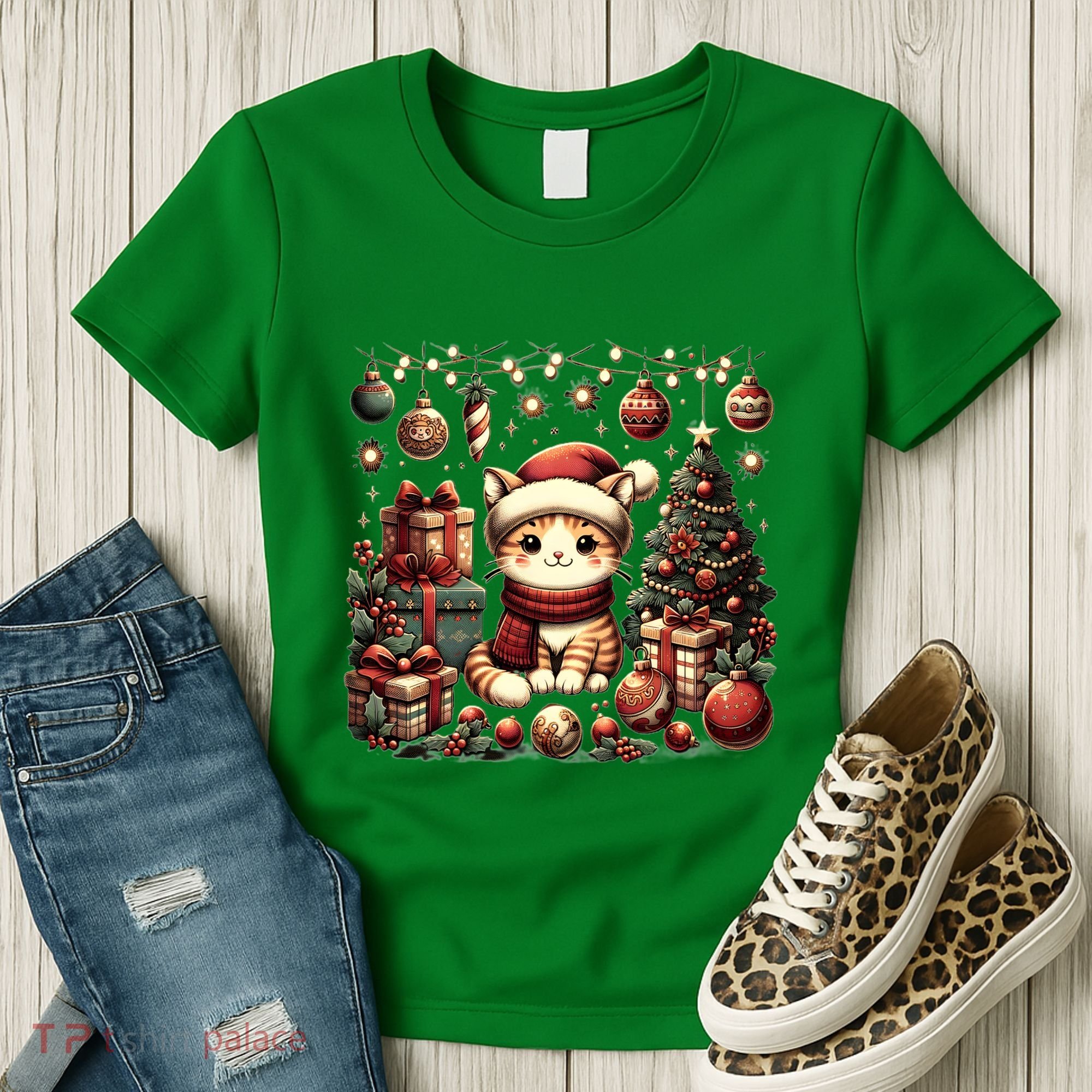 Cute Santa Cat With Christmas Stuff Women's T-Shirt