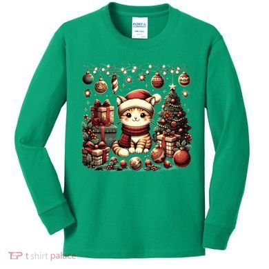 Cute Santa Cat With Christmas Stuff Kids Long Sleeve Shirt