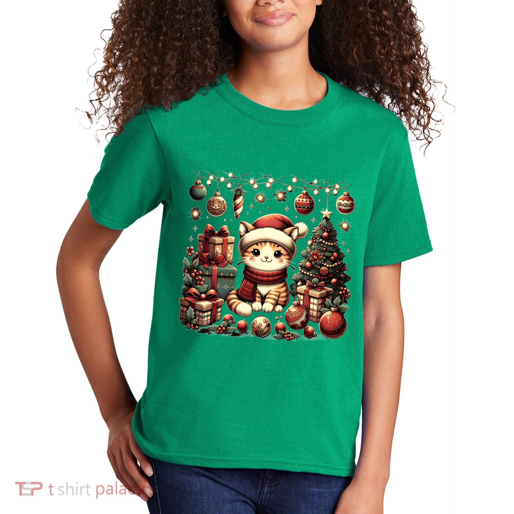 Cute Santa Cat With Christmas Stuff Kids T-Shirt