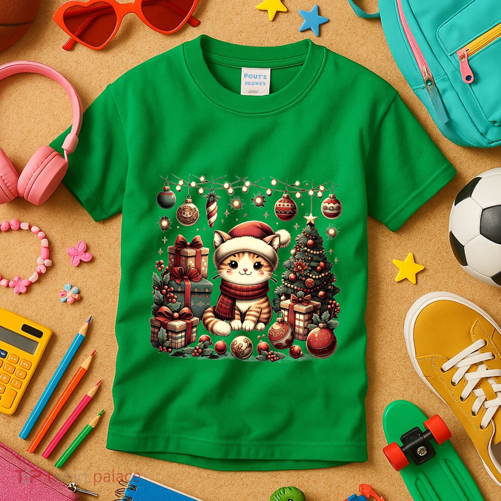 Cute Santa Cat With Christmas Stuff Kids T-Shirt