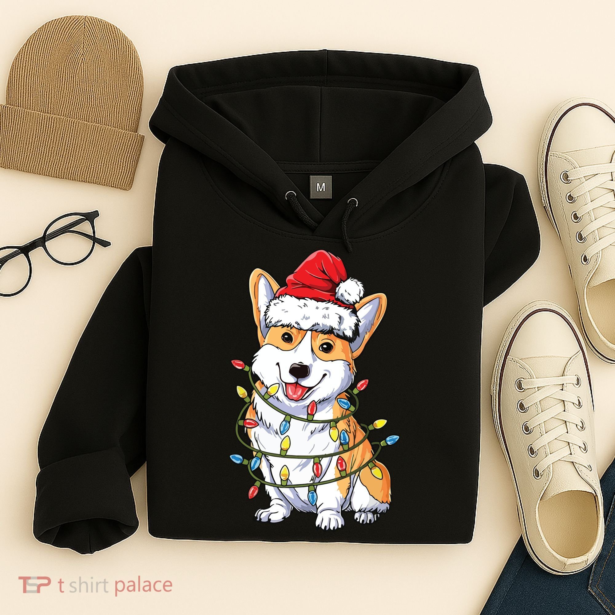 Corgi Santa Christmas Tree Lights Xmas Hoodie