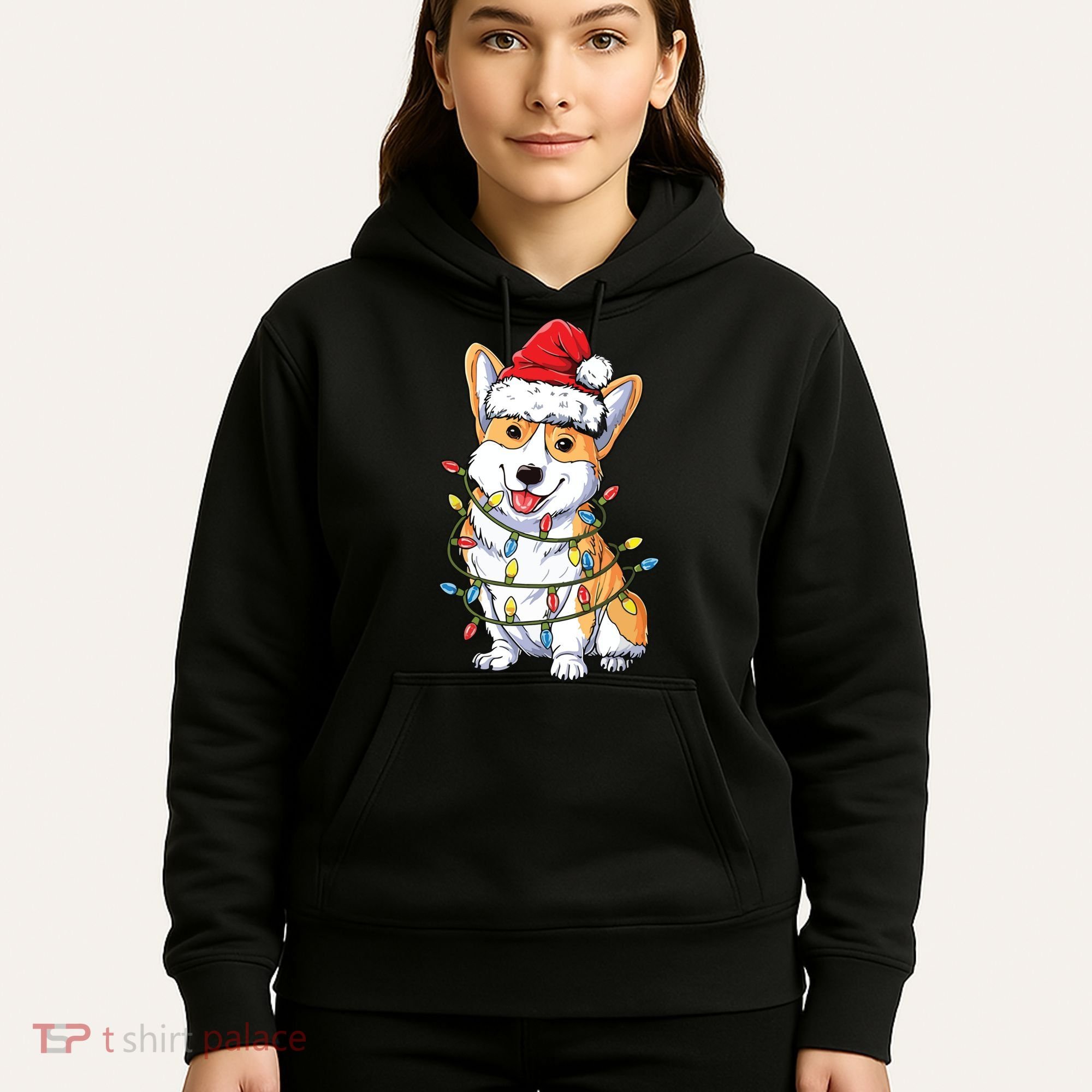 Corgi Santa Christmas Tree Lights Xmas Hoodie