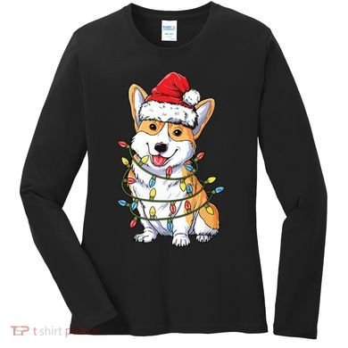 Corgi Santa Christmas Tree Lights Xmas Women's Long Sleeve Shirt