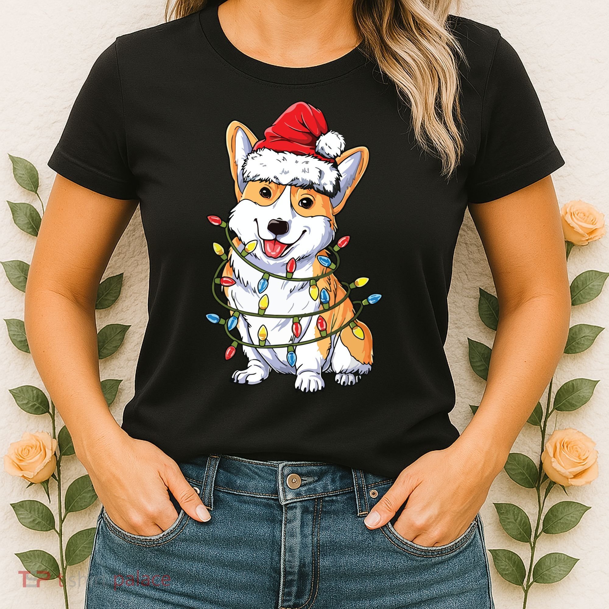 Corgi Santa Christmas Tree Lights Xmas Women's T-Shirt