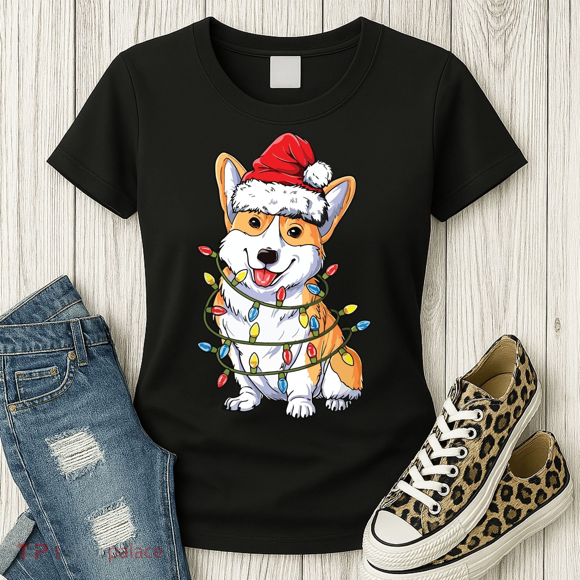 Corgi Santa Christmas Tree Lights Xmas Women's T-Shirt