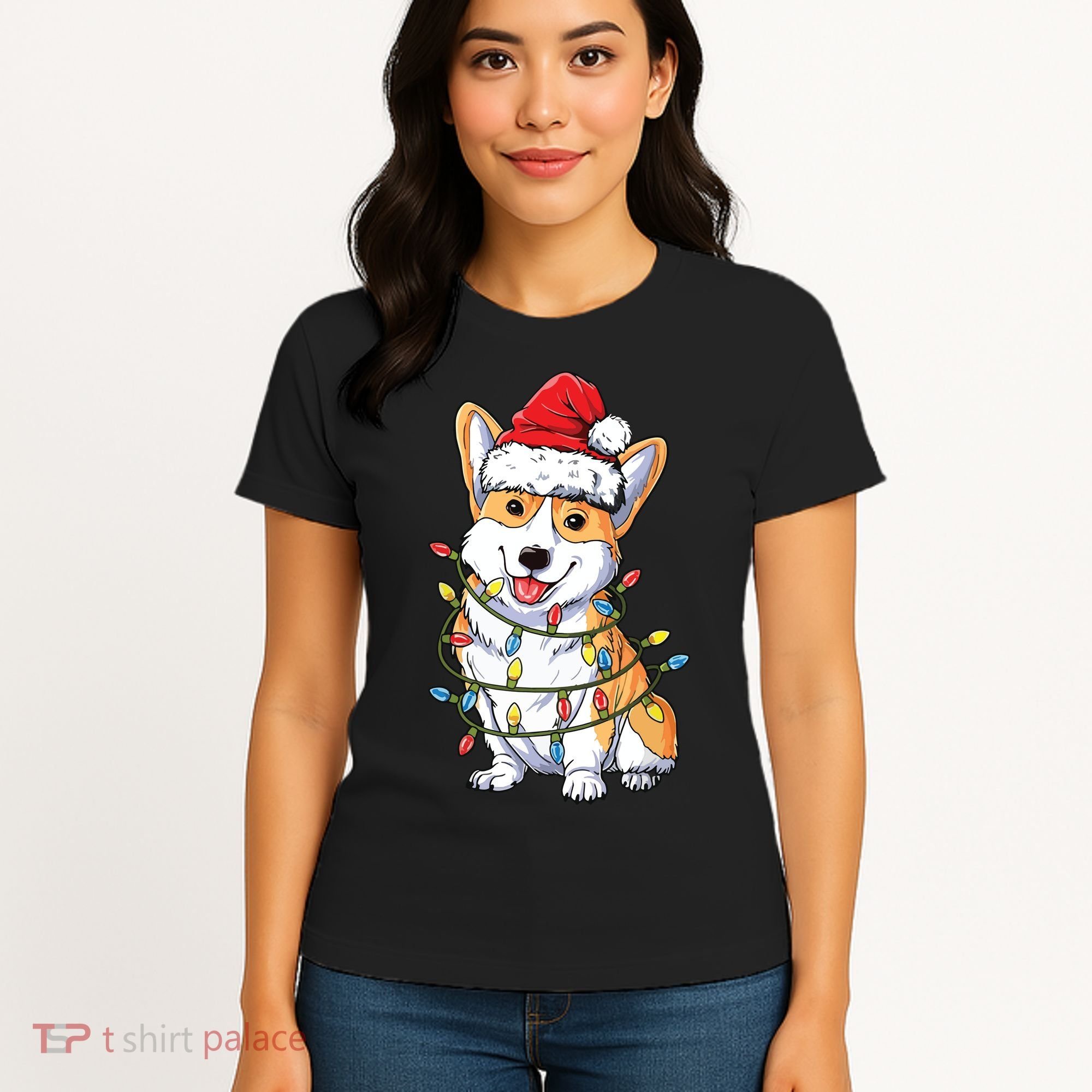 Corgi Santa Christmas Tree Lights Xmas Women's T-Shirt