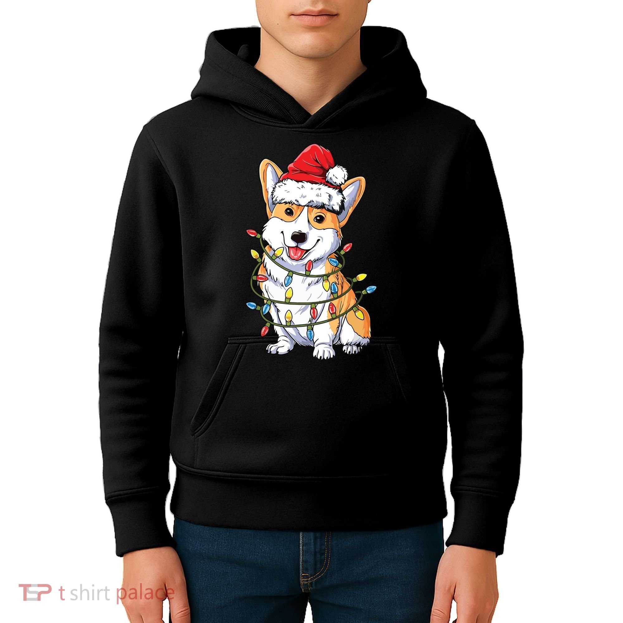 Corgi Santa Christmas Tree Lights Xmas Kids Hoodie