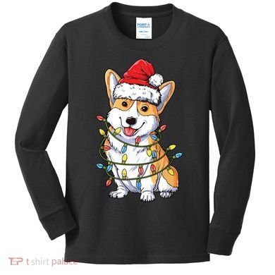 Corgi Santa Christmas Tree Lights Xmas Kids Long Sleeve Shirt